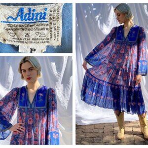 70's Adini Indian Cotton Gauze Vintage Dress Block Print floral hippie festival